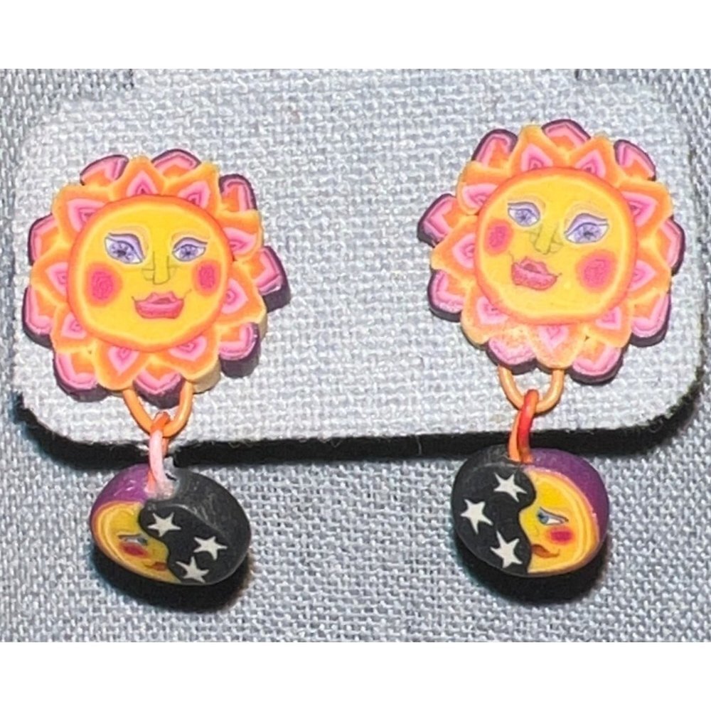 Painted Wood Moon Dangle Earrings -- 1.5"